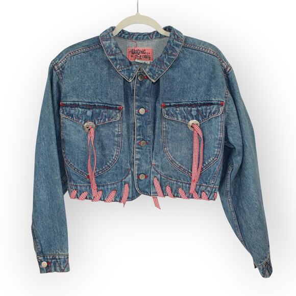Vintage M/L HystericEtVous Crop Denim Jean Jacket Western Red Gingham Cowgirl - Picture 2 of 16